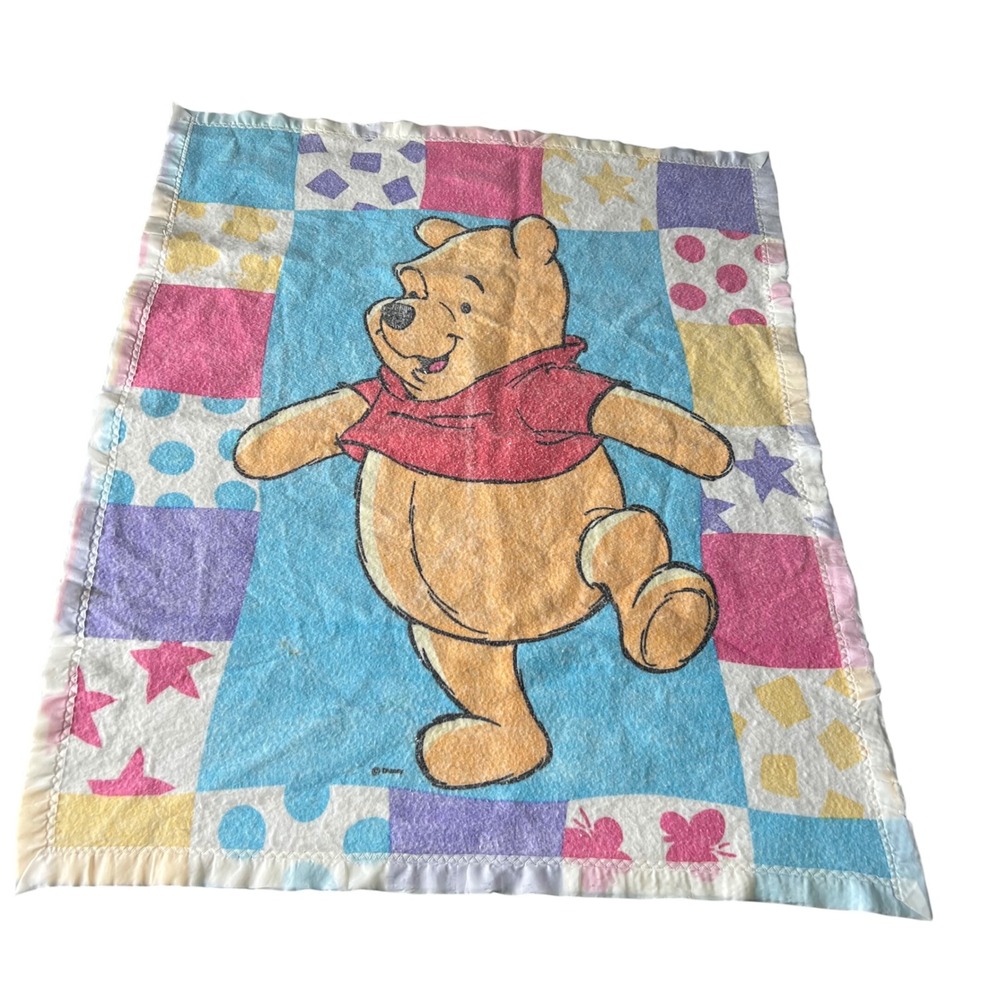 Vintage Winnie the Pooh Baby Blanket 43" x 35" Colorblock Satin Trim USA Disney